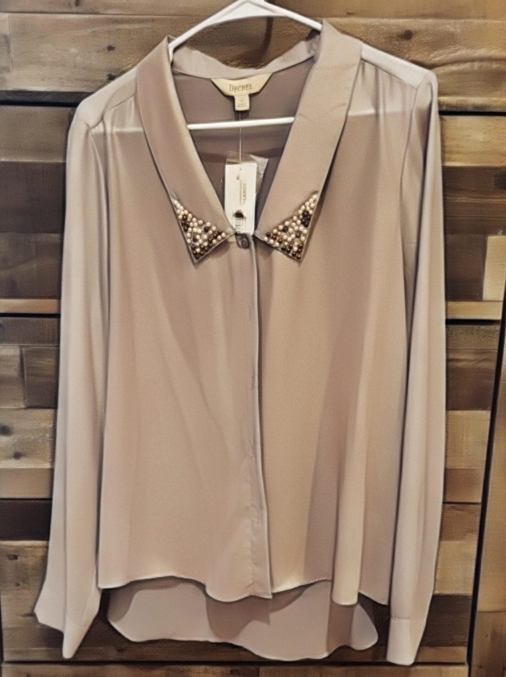 Decree Taupe Pearl-Embellished Collar Blouse